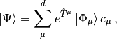 \left| \Psi \right \rangle = \sum_\mu^d e^{\hat{T}^\mu} \left| \Phi_\mu \right\rangle c_\mu \, \text{,}