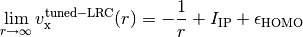 \lim_{r\rightarrow\infty} v_{\mathrm{x}}^{\mathrm{tuned-LRC}} (r) = -
\frac{1}{r} + I_{\mathrm{IP}} +
\epsilon_{\mathrm{HOMO}}