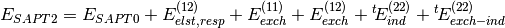 E_{SAPT2} = E_{SAPT0} + E_{elst,resp}^{(12)} + E_{exch}^{(11)} +
E_{exch}^{(12)} +\/ ^{t}\!E_{ind}^{(22)} +\/ ^{t}\!E_{exch-ind}^{(22)}